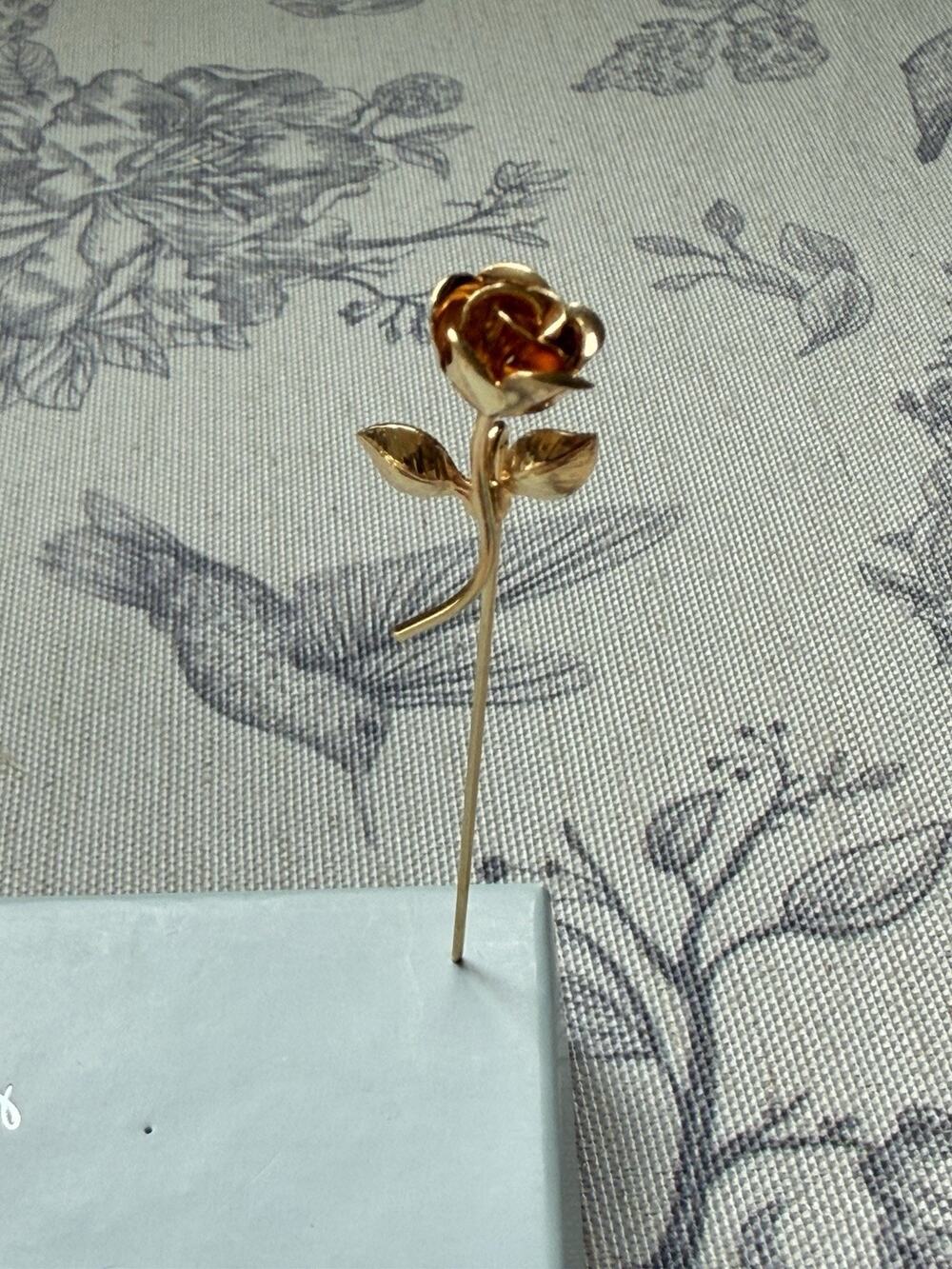 Vintage 80s Brooch MONET Gold Tone Metal Hat Stick Scarf Pin 2.5” 3D Rose
